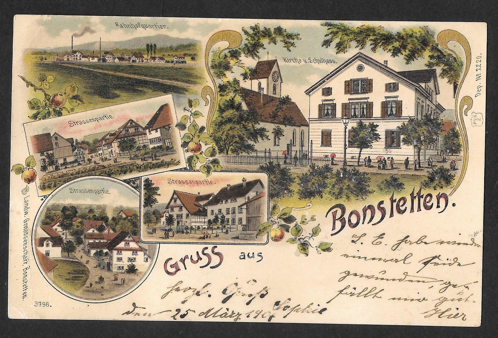 Cartoline postali: Bonstetten farbige Lithografie 5 Bilder – Usato da Olten venduto da clotaldi