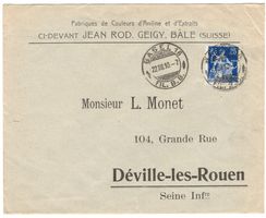 Perfin JR/G auf Firmenumschlag v. BASEL n. DÉVILLE-LES-ROUEN