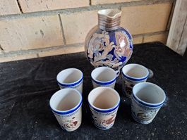 Keramik Krug und 6 Becher Set, Vintage Handbemalt