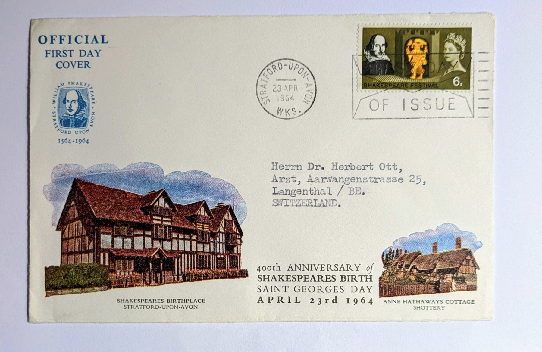 Tutti i francobolli: Shakespeare Brief Ersttagsbrief, 1964, – Usato da Madiswil venduto da Hglotz 1