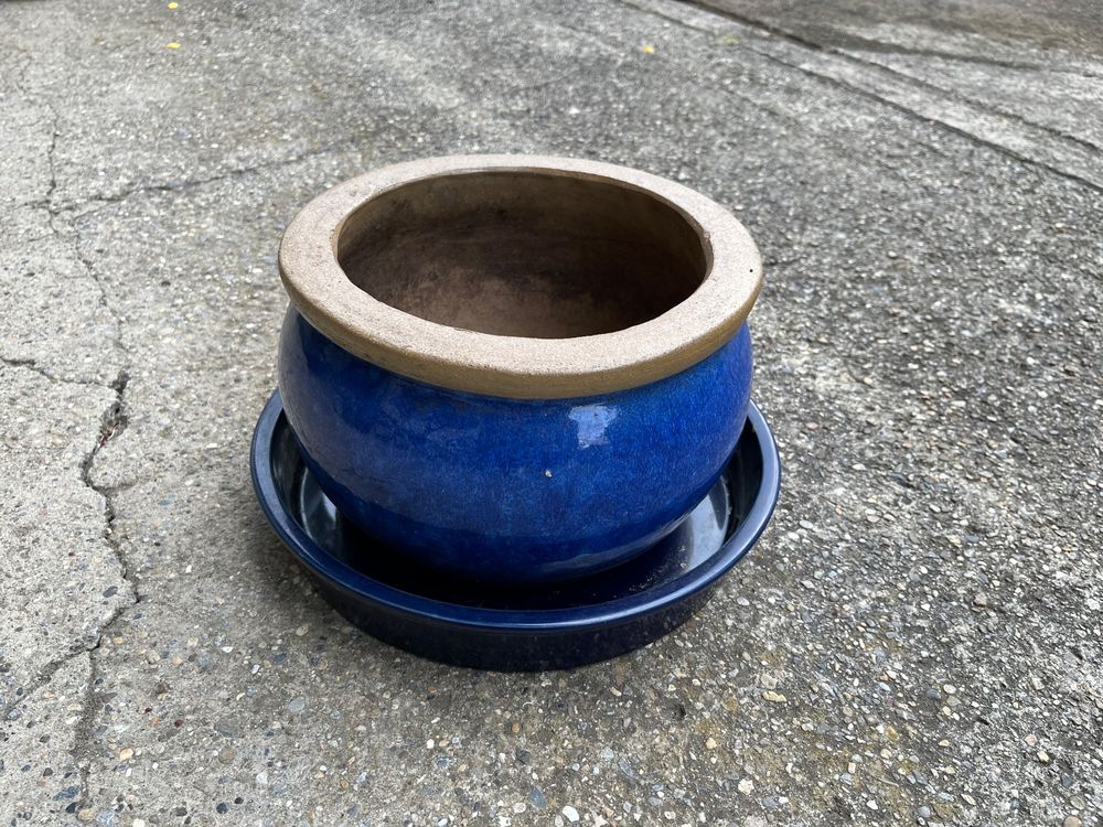 Napco Blumentopf Mit Untersetzer – Glasiert In Himmelblau & Schwarz, 11,4 Cm