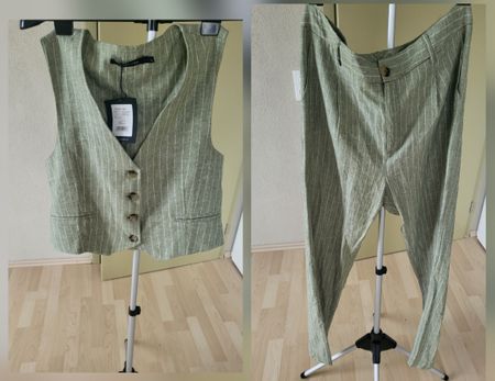 Striped Linen Vest & Pants Set - Green - Size L/XL 