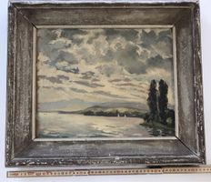Peinture paysage lac Leman et voiliers par A.Duplain 1945