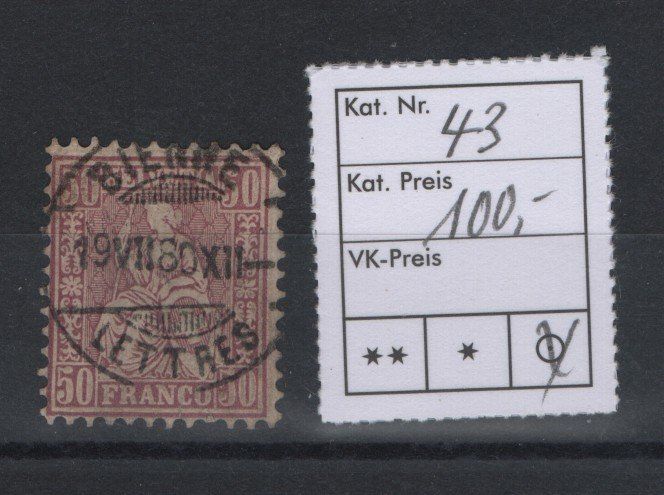 Alle Briefmarken: Sitzende Helvetia Nr. 43 Kat. 100.- – Gebraucht aus Gordola von tist