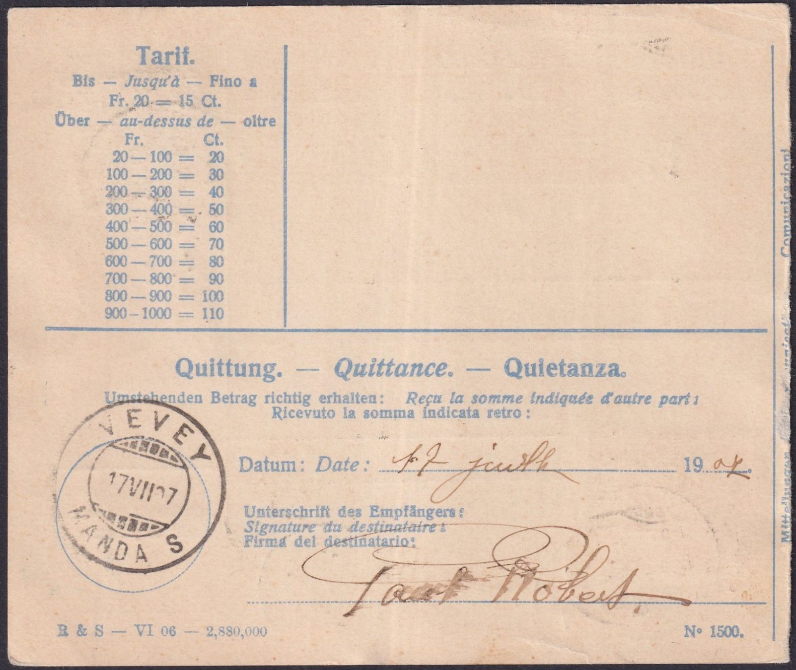 Tutti i francobolli: 1907, interne Postanweisung: Rheinfelden - Vevey, mit 88A+83 – Usato da Sursee venduto da Luzernerraute 1