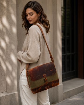 Umhaengetasche Leder Canvas Khaki Brown Neu