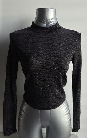 Black Glitter Mock Neck Top, Halloween Goth S