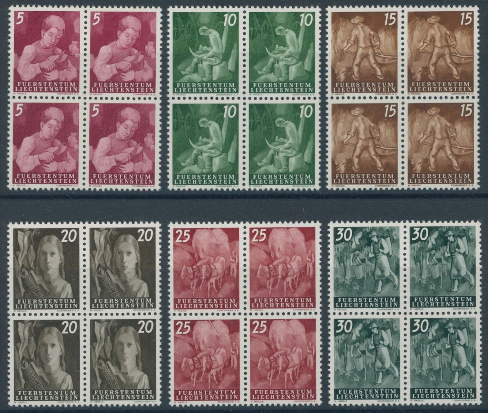 Tous les timbres: FL - 1951 - Landarbeit - Viererblock - postfrisch ** – Neuf (Voir description) à Schindellegi par leecollect 2