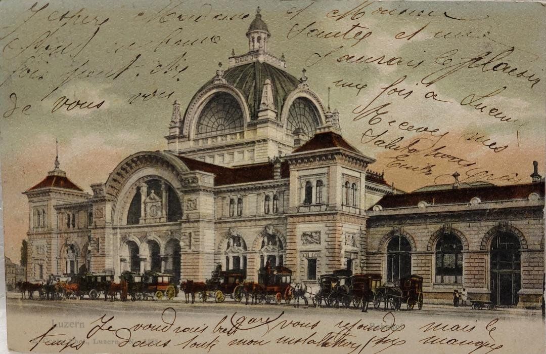 Cartoline postali: LUZERN  -  Bahnhof - Postkutsche mit Pferden - 1904 – Usato da Delémont venduto da Domdom1