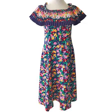 Kleid Gr. M buntes Blumenmuster Plissee-Kragen VINTAGE 1980s