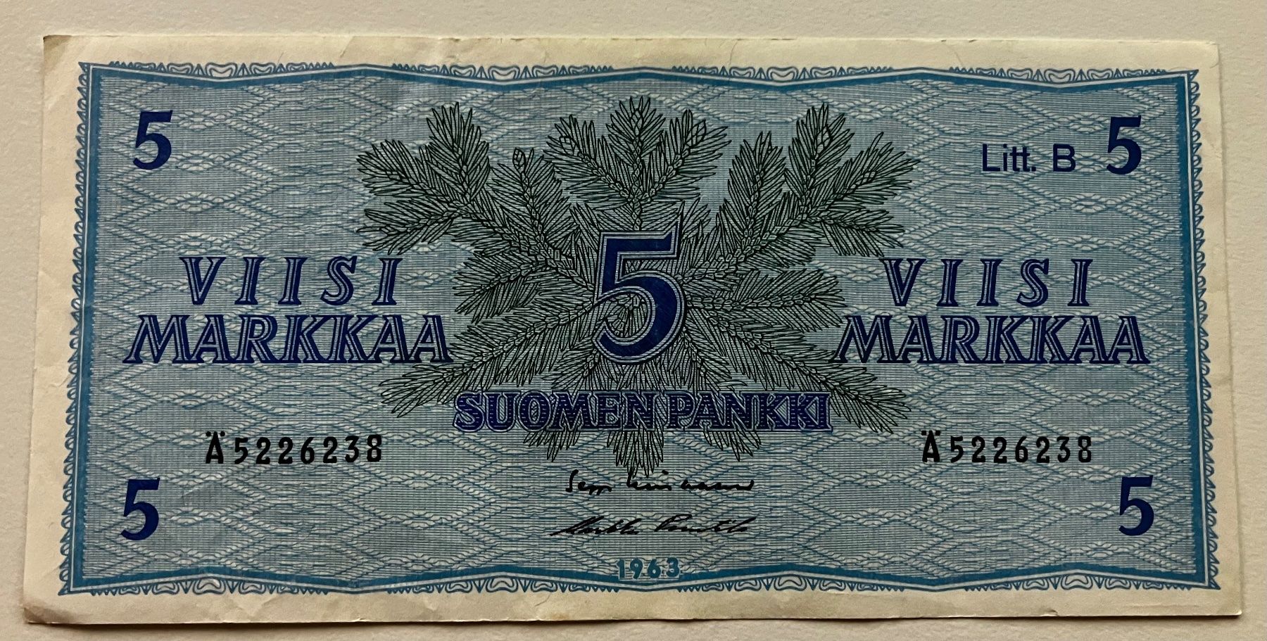 Banknoten: Finnland 5 Markkaa 1963 – Gebraucht aus Algetshausen von Carrhard