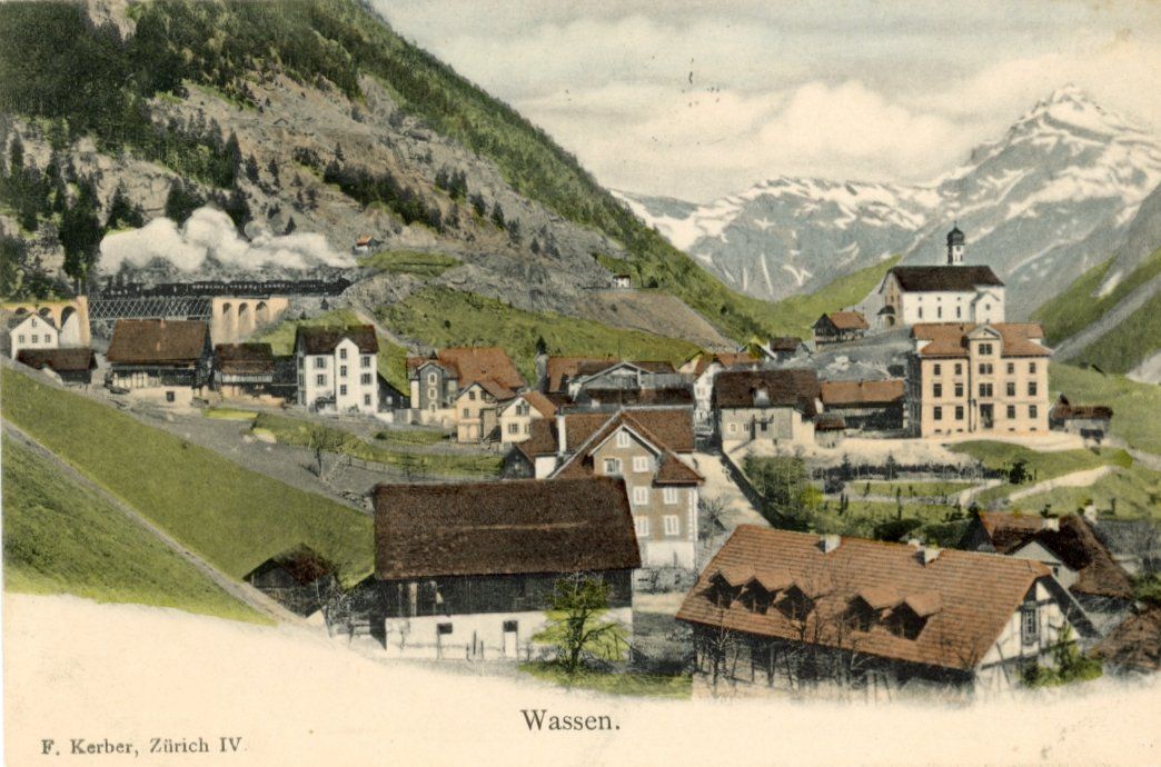 Cartoline postali: Wassen   UR  mit Gotthard - Dampfeisenbahn    ca. 1900 – Usato da Brig venduto da Valcards54