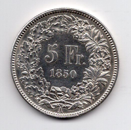 Tutti le monete: (1231) CH, 5 Franken 1850, fast stgl – Usato da Rüthi (Rheintal) venduto da erdnuessli1