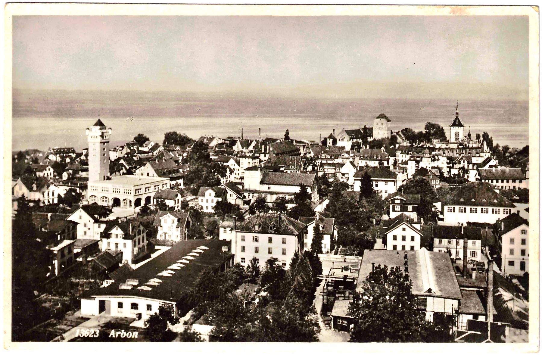 Ansichtskarten: ARBON - Generalansicht ca. 1939 (TG) – Gebraucht aus Oberdorf BL von Hopfehuepfer