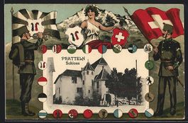 Pratteln, Schloss, Soldaten mit Fahnen