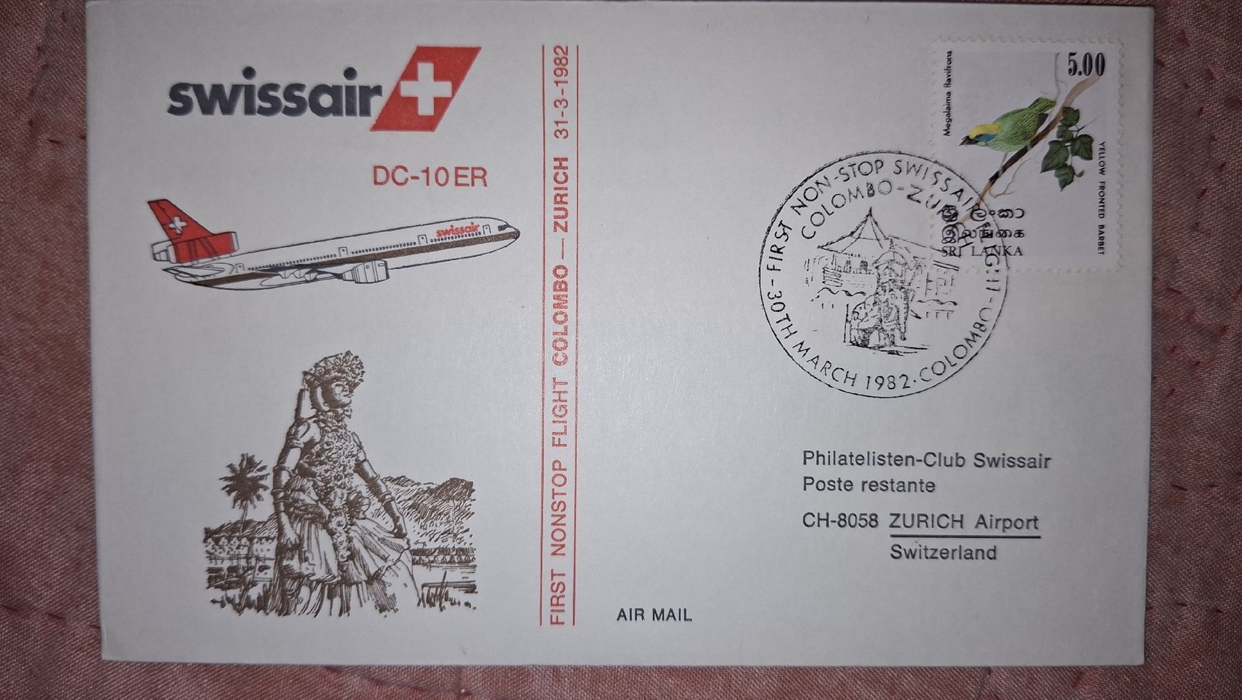 Tutti i francobolli: Swissair Colombo - Zürich 30.03.1982 – Usato da Balgach venduto da SIMEON27