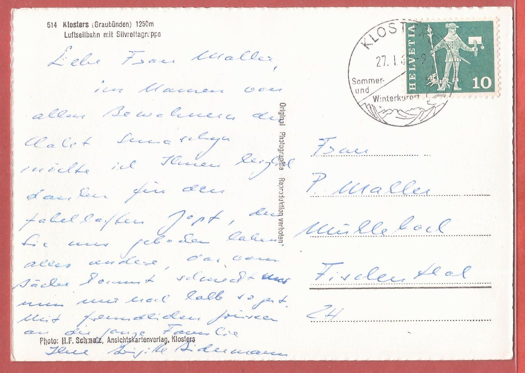 Cartes postales: Klosters mit Luftseilbahn - 1962 gestempelt – D'occasion à Fislisbach par Porano 1