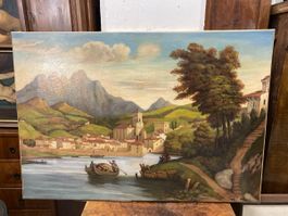 Tableau ancien peinture à l'huile sur toile, paysage 54
