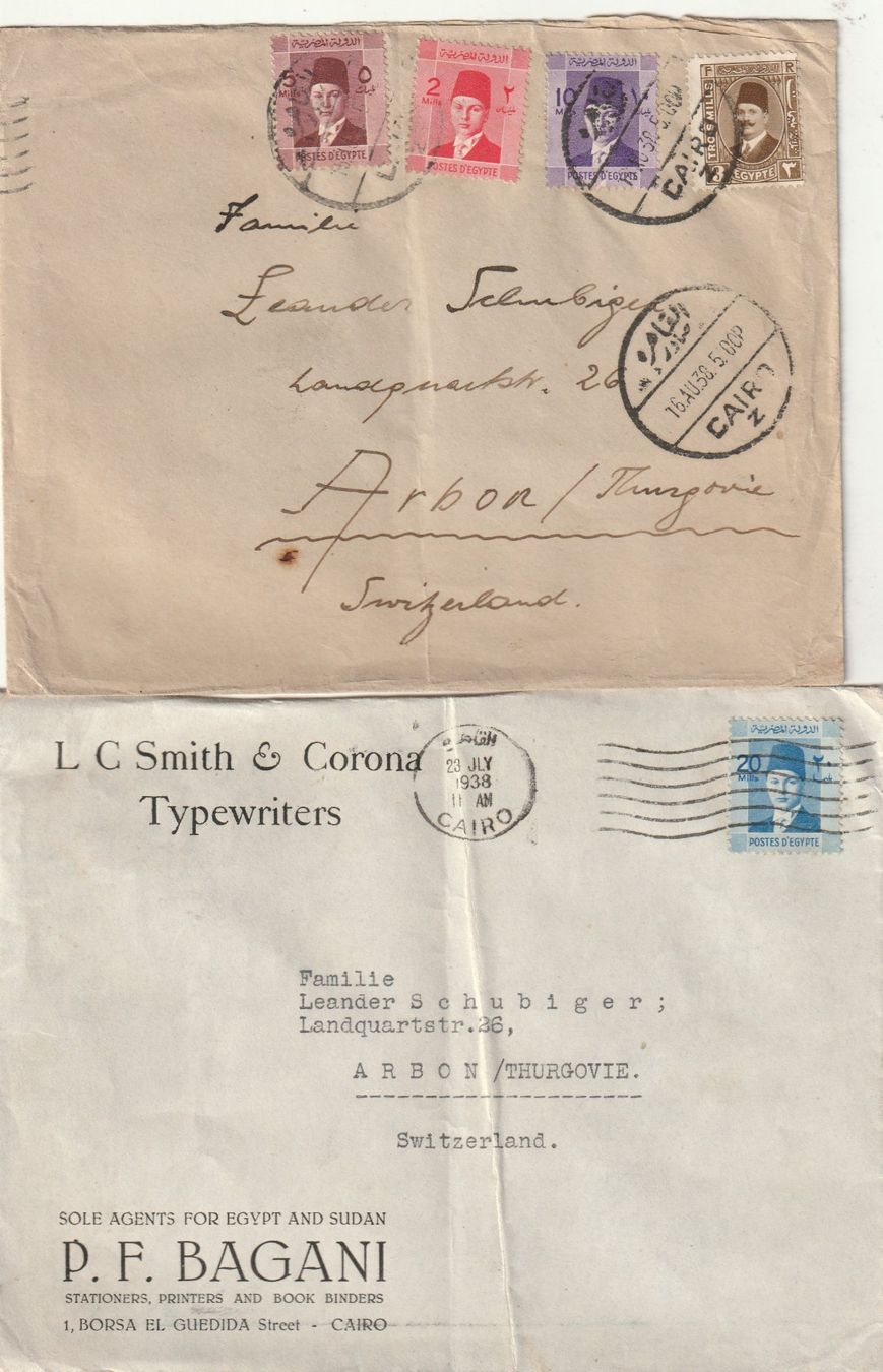 Alle Briefmarken: 2 Briefe Ägypten 1938 – Gebraucht aus Rorschacherberg von fratovi2