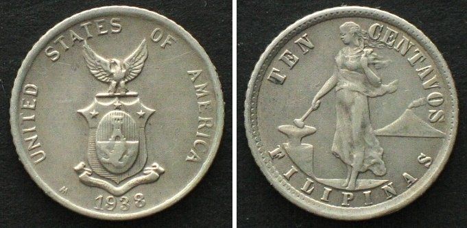 Tutti le monete: PHILIPPINEN 10 Centavos 1938 M, US-ADMINISTRATION Silber vz+ – Usato da Riehen venduto da sesambestcoins2004