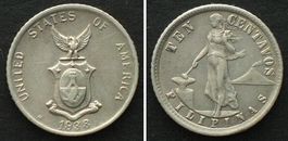 PHILIPPINEN 10 Centavos 1938 M, US-ADMINISTRATION Silber vz+