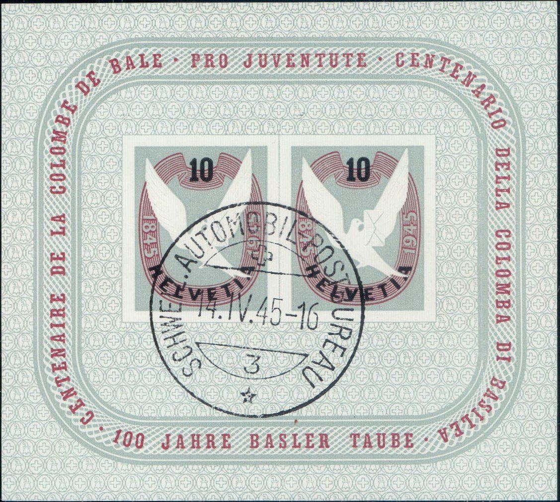 Alle Briefmarken: Baslertaube Block 1945, W23 gestempelt, 100.- – Gebraucht aus Horw von pilatusmail