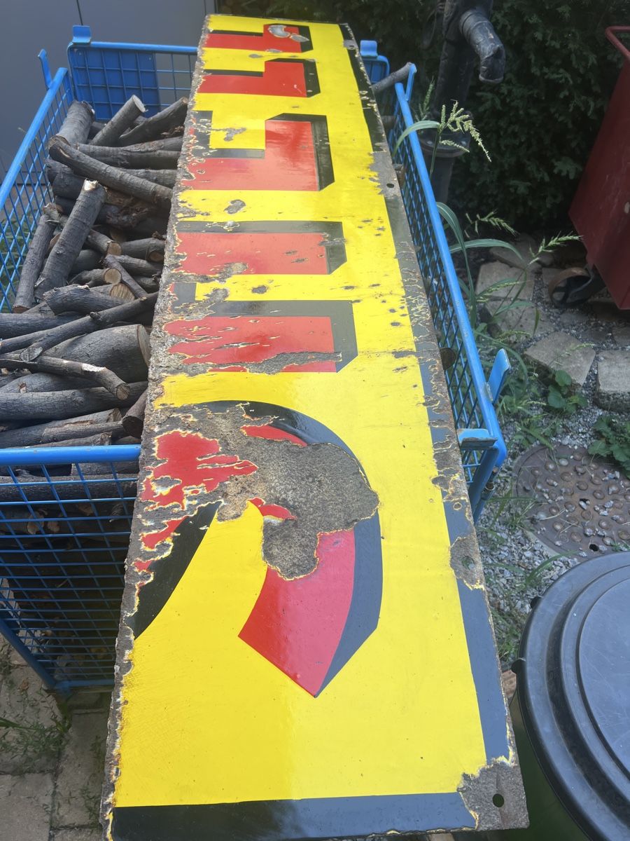 Shell Insegne: Shell Schild alt Emaill Werbeschild Tank – Usato da Mellingen venduto da Oelquelle 1