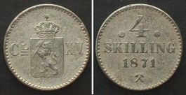 NORWEGEN 4 Skilling 1871 KARL XV. von SCHWEDEN Silber unz-