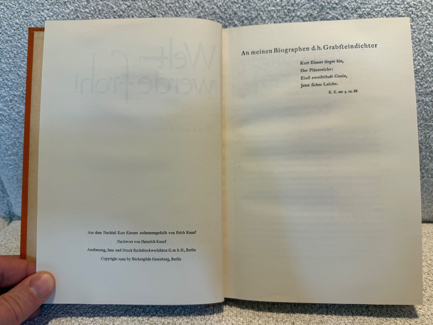 Libri: Kurt Eisner - Welt werde Froh - Büchergilde 1929 - RAR – Usato da Zürich venduto da thomashahn 4