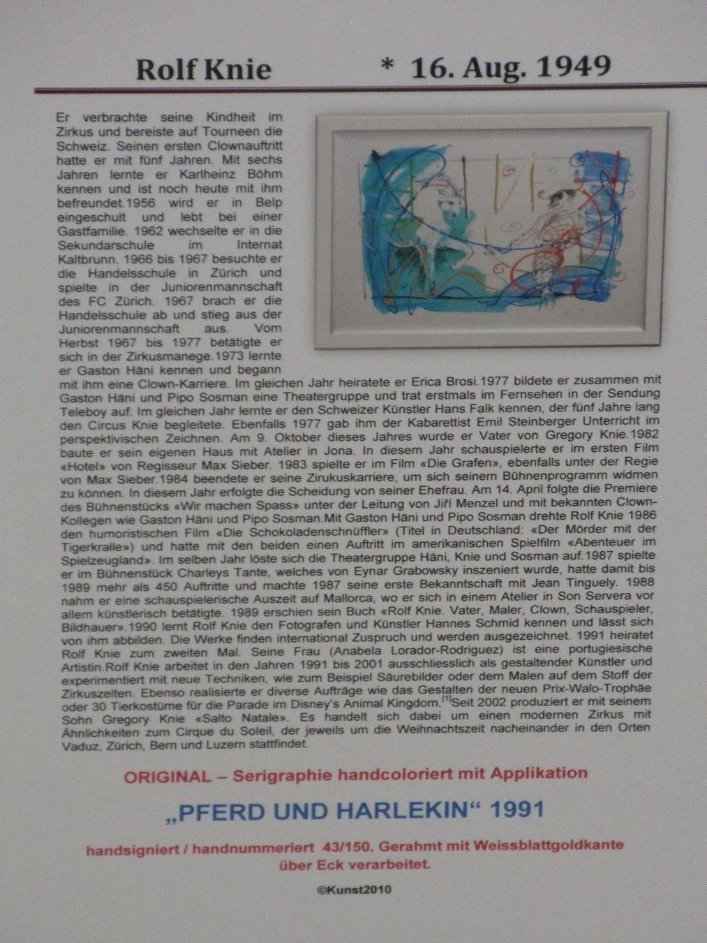 Grafica & Litografie: Rolf Knie  PFERD + HARLEKIN 91  hs./hn. – Usato da Weinfelden venduto da Kunst2010 9
