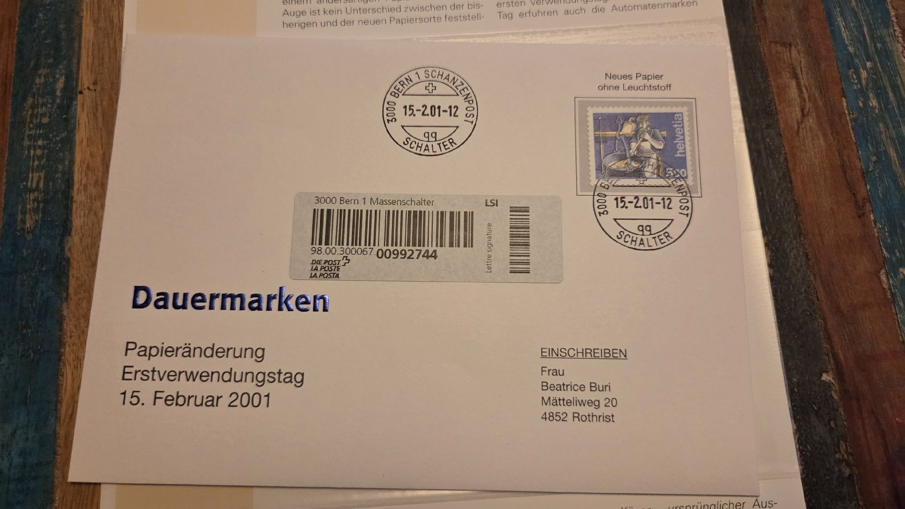 Tous les timbres: 2001 FDC Papieränderung Käser – D'occasion à Arni AG par Moth68 1