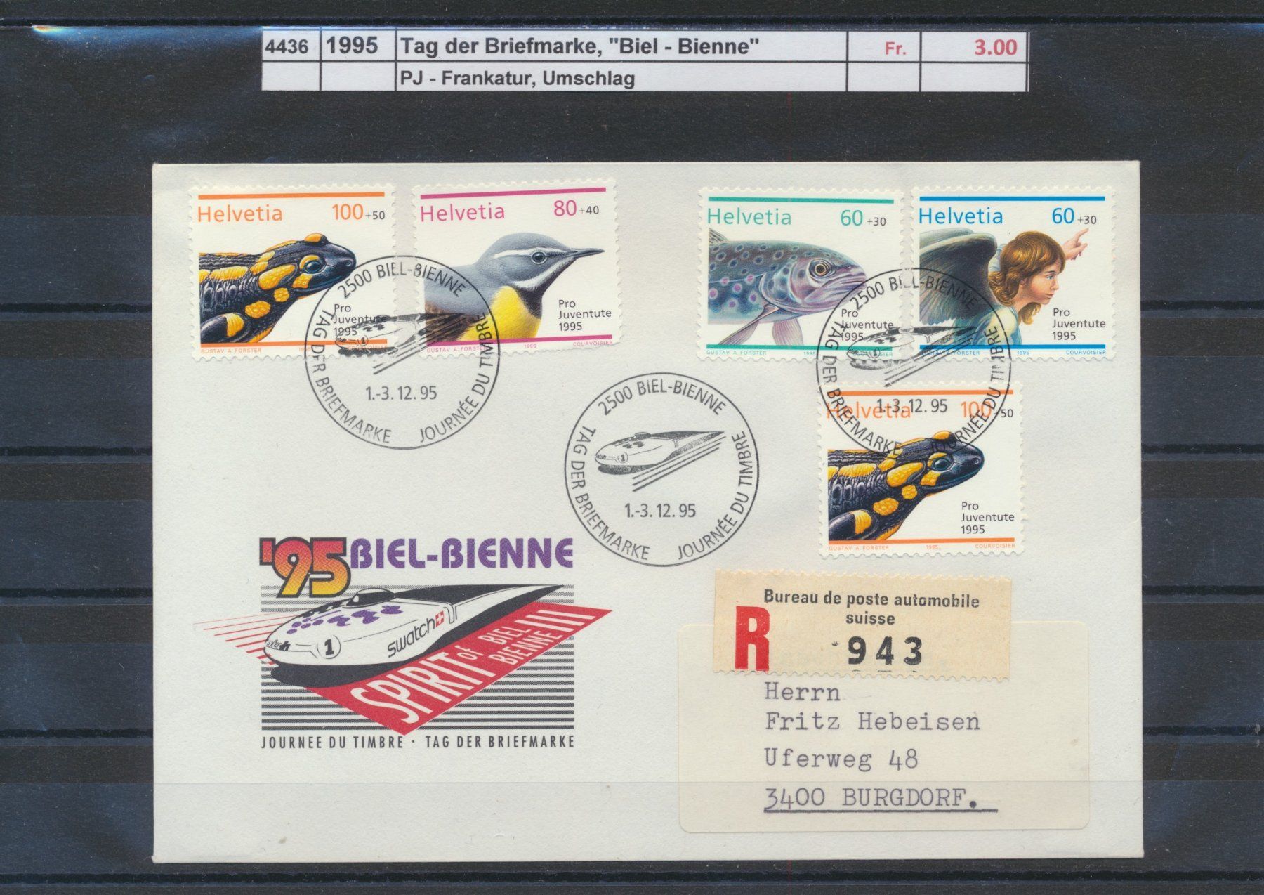 Tutti i francobolli: 1995 Tag der Briefmarken, "Biel - Bienne", Umschlag – Usato da Winterthur venduto da Zupogeru