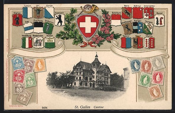 Cartoline postali: St. Gallen, Cantine, Wappen der Kantone – Usato da Berlin venduto da bartko-reher