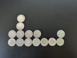 14 Schweizer 1-Franken-Silbermünzen, Jahrgänge 1921 bis 1964