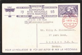 FDC Bundesfeierkarte 1928 Nr. 47ll,Flug Basel-London , rot