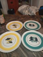 4 Keramik Teller handgemalt Motiv Haus und Tanne 4 Stk.