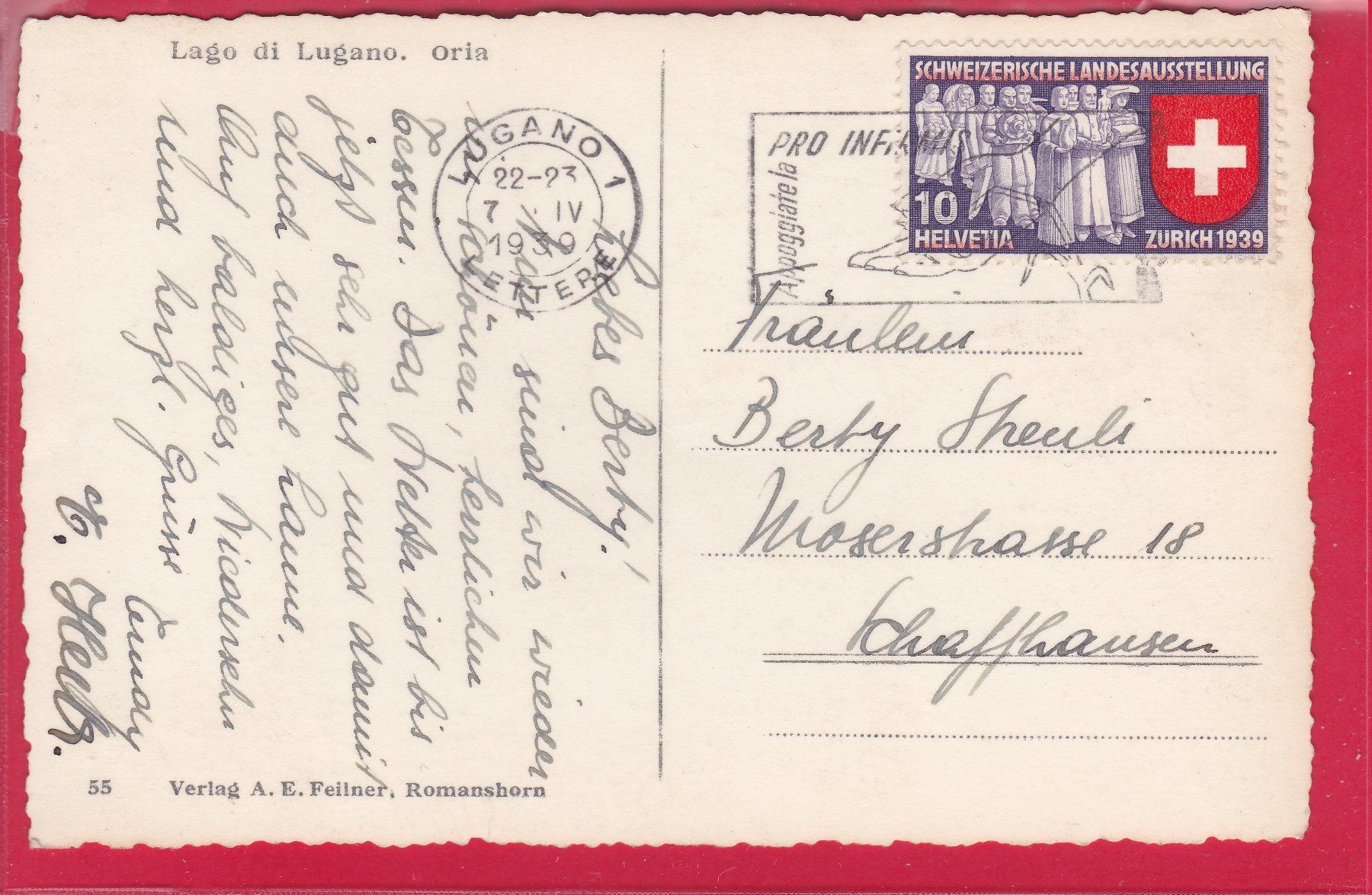 Cartoline postali: ORIA, LAGO DI LUGANO, 7.4.1939 – Usato da Oberrieden venduto da Gebirgsstelze 1