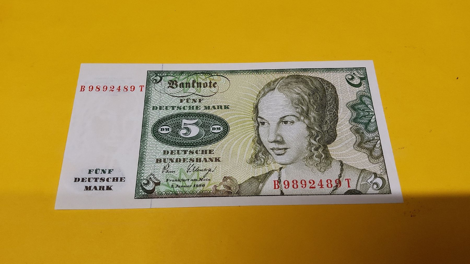 Banconote: 5 Deutsche Mark 1960 banknote 1980  – Nuovo e nell'imballaggio originale da Herisau venduto da Nluanalucas