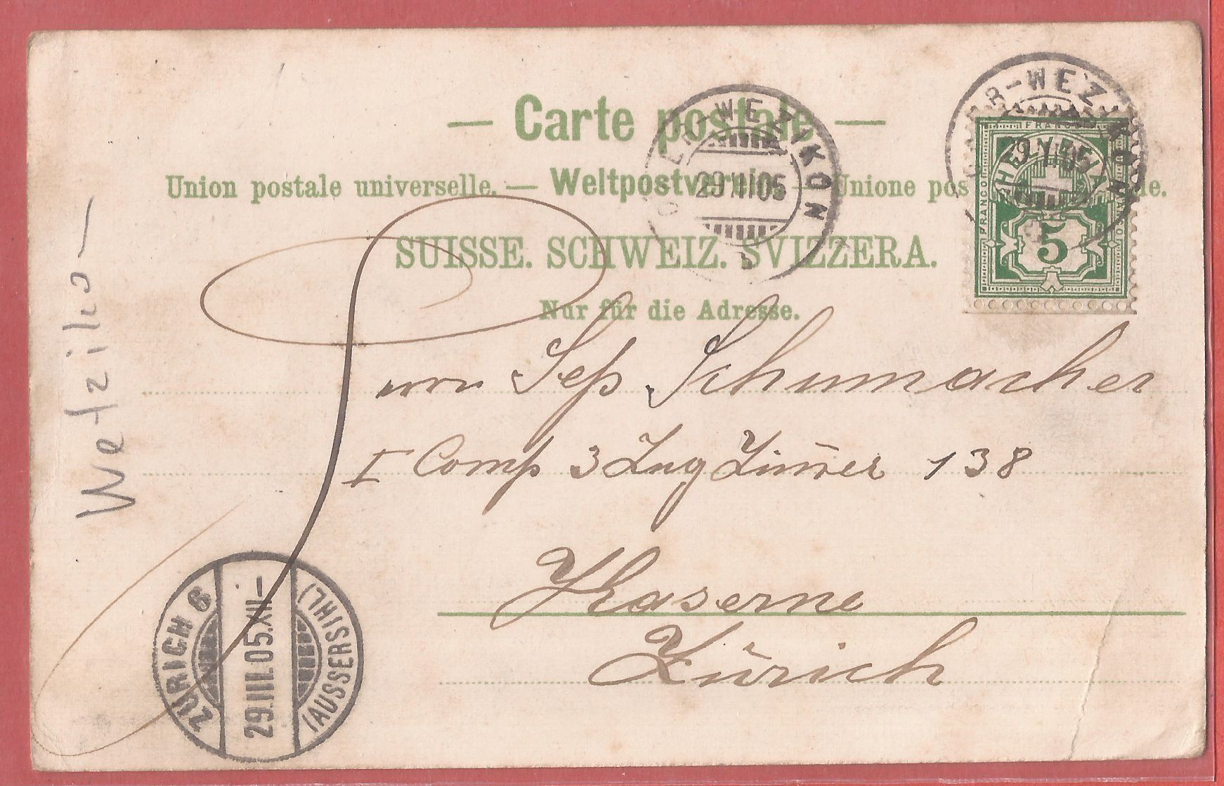 Cartoline postali: Wetzikon Stegen - 1905 – Usato da Fislisbach venduto da Porano 1