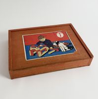 Antiker Schweizer Holzbaukasten mit Armbrust-Logo / Vintage 