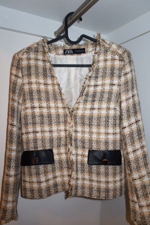 Zara Jacke kariert Tweed Optik beige schwarz Grösse XS