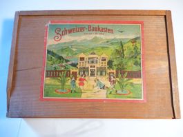 Antiquité Boîte de construction en bois Schweizer Baukasten