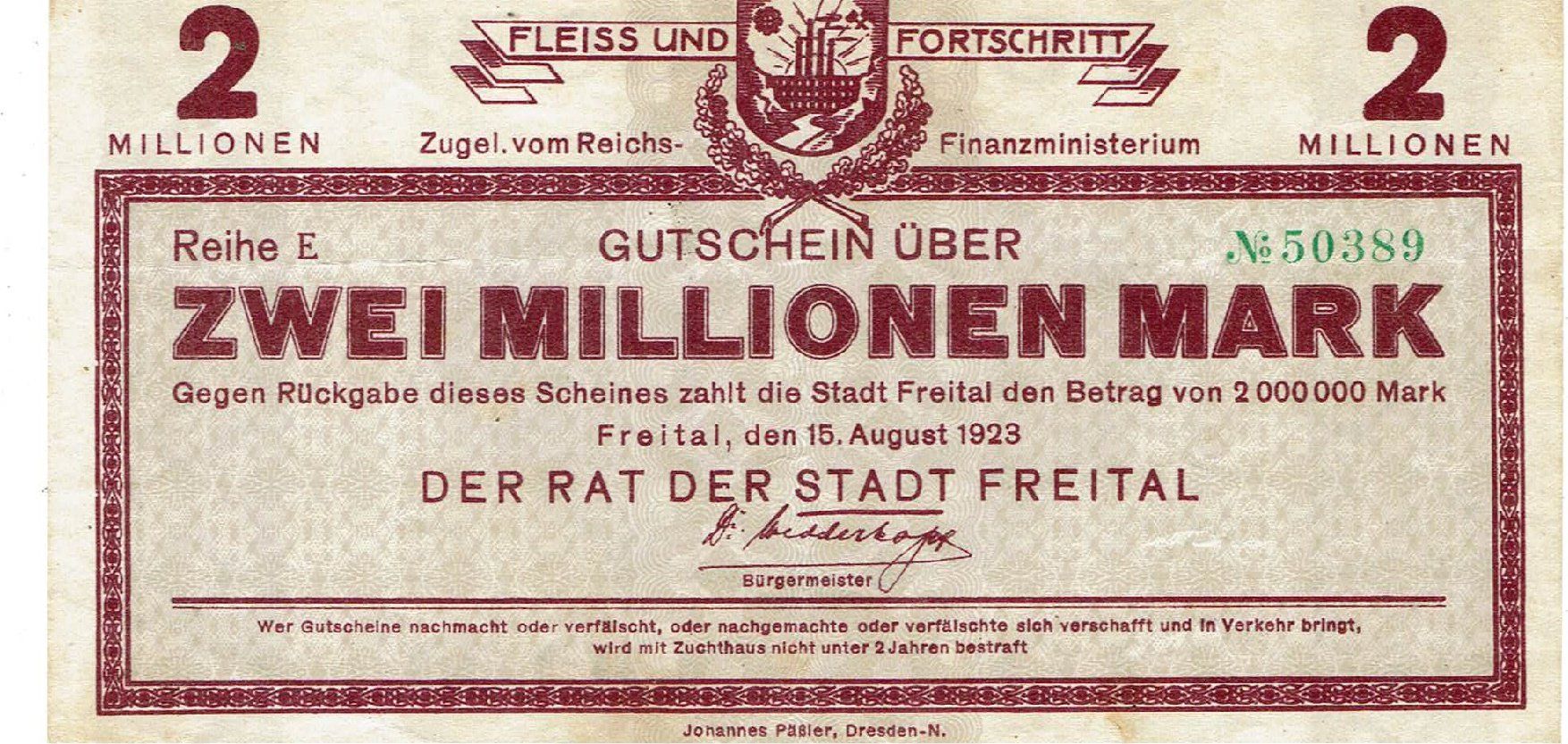 Banconote: Freital 2 Mil.Mark 15.08.1923 VZ-VZ++ – Usato da Steffisburg venduto da ber_8htf