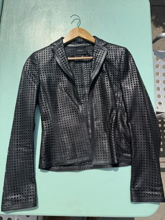 Akris Lederjacke, Damen, schwarz, Leder,Grösse 36 mit Muster