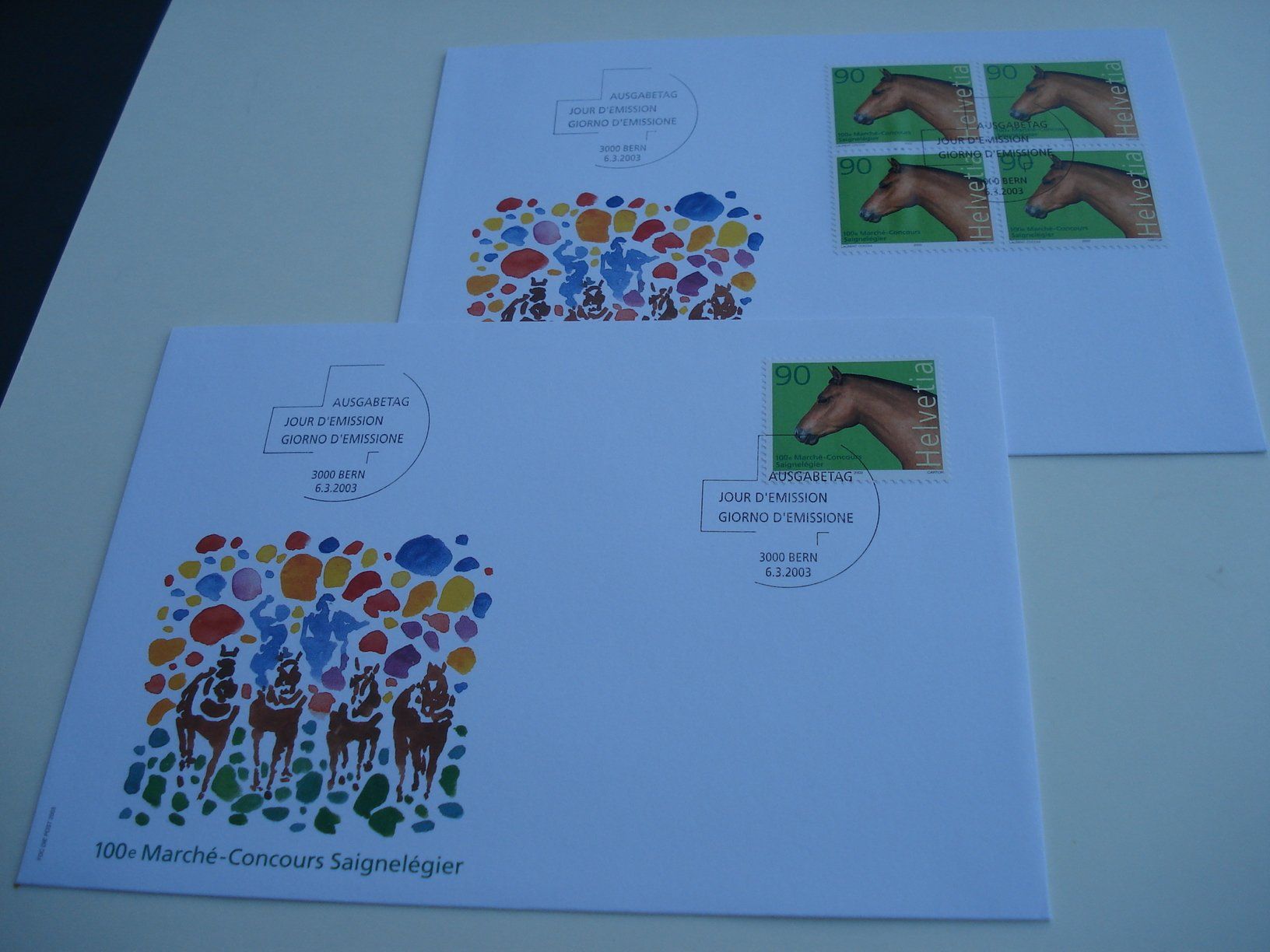 Tutti i francobolli: Marke Pferde, 2003, FDC + 4erblock, 2 Belege – Usato da Niederwil AG venduto da morostahu 1