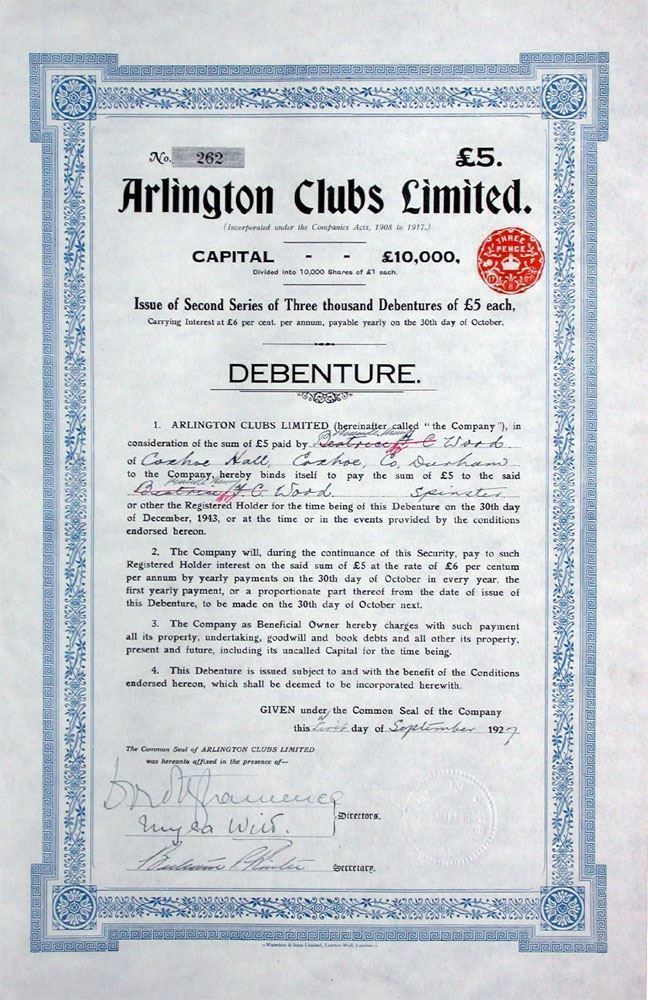 Documenti: 6% Arlington Clubs Ltd. - 1927 – Usato da Solothurn venduto da Sgasche