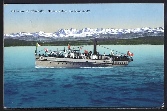 Cartoline postali: Neuchâtel, Bateau-Salon Le Neuchâtel,  – Usato da Berlin venduto da bartko-reher