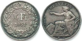 SCHWEIZ 1/2 Franken 1851 A, SITZENDE HELVETIA, Silber vz
