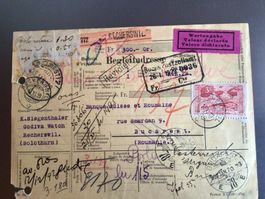 Paket-Postbegleitadresse 1928 von Recherswil nach Bukarest