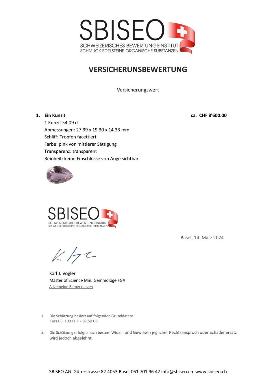 Pietre preziose: SPLENDIDE Kunzite 54.09 ct - CERTIFICAT 8'600.- Fr – Nuovo (secondo la descrizione) da Grimisuat venduto da Valgem 3